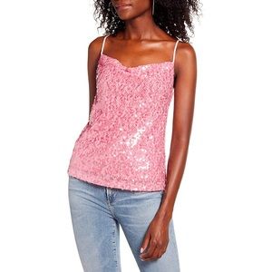 WAYF Pink Sequin Cowl Neck Tank Top